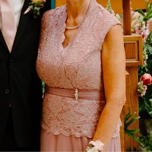 Mother of Bride Dress. Scalloped V neck upper lace over lay.  Crystal accent pin